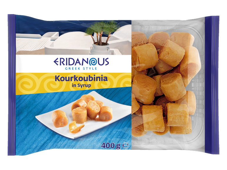 Greek kourkoubinia pastries in syrup, packaged in a transparent bag.