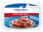 Greek style red pepper sauce container with a bowl of sauce.