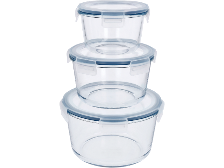 Stack of three round glass food storage containers with blue-rimmed lids