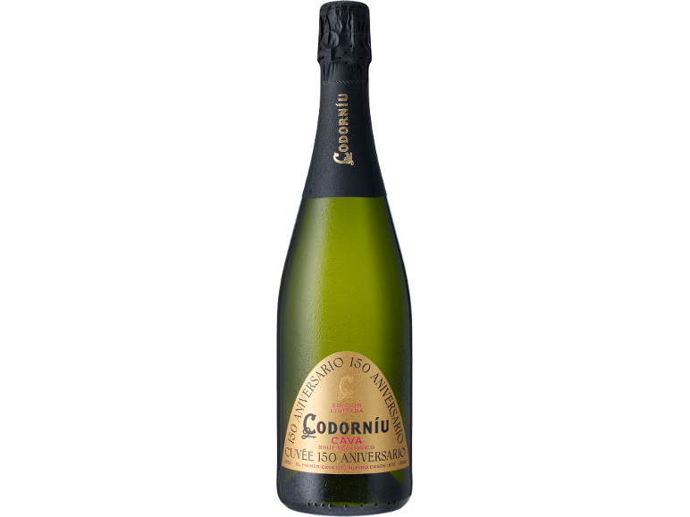 A bottle of sparkling wine with a gold label on a black background.