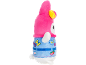 Pink plush toy wearing blue denim overalls with colorful patches.