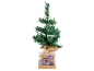 Small Christmas tree with lights, a burlap base, and bauble and pinecone decorations.