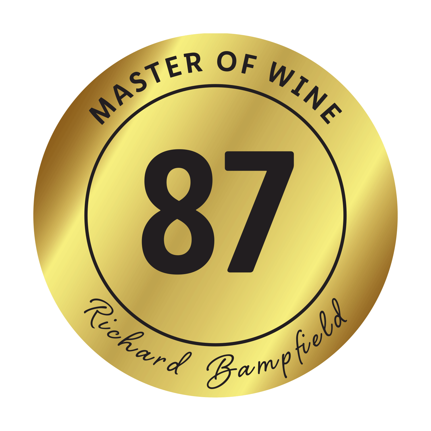 Gold seal with the inscription Master of Wine, score 87 and signature of Richard Bampfield.