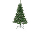 Green artificial Christmas tree with a metal stand on a black background.