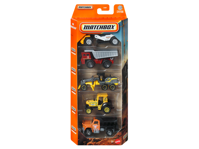 Construction vehicle toy set with five different vehicles, including a dump truck and tractor.