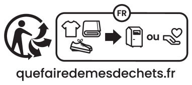 FR recycling label: clothes, linen, shoes to be deposited in a collection point or donated. quefairedemesdechets.fr