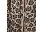 Leopard print jacket with zipper and snap fasteners.