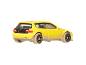 Yellow toy car with dirt, rear view.