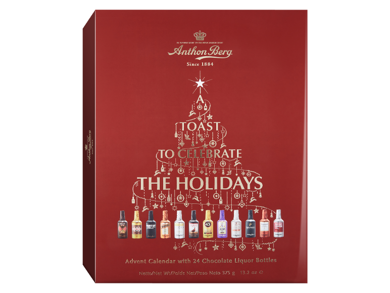 Advent calendar with chocolate liquor bottles, festive theme.