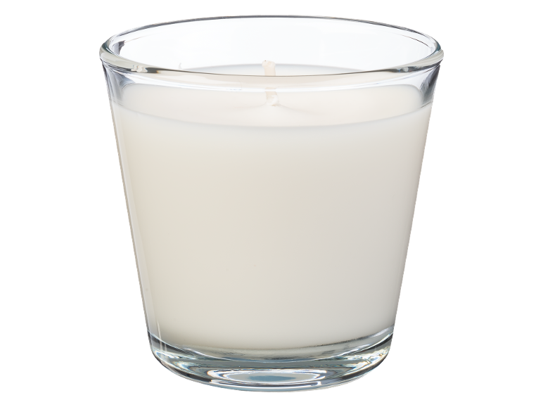 White candle in a glass jar.