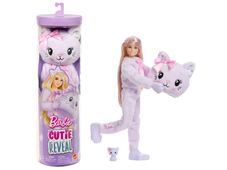 Doll in a purple cat costume with a small kitten figure