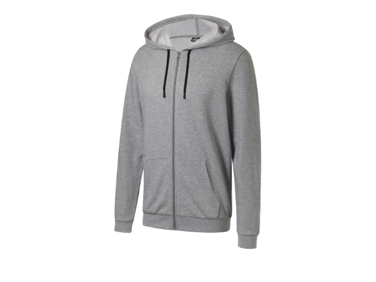 Grey zip-up hoodie with black drawstrings