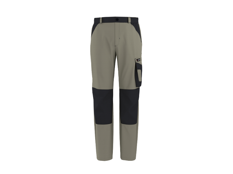 Men's two-tone work trousers in beige and black with side pockets.
