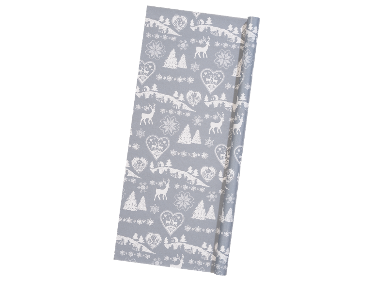 Grey gift wrap roll with winter pattern of deer, trees, and hearts.