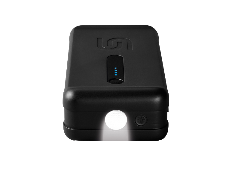 Black portable charger with an activated flashlight and blue indicators.