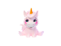 Pink unicorn figure with an orange horn and hearts on its cheeks.