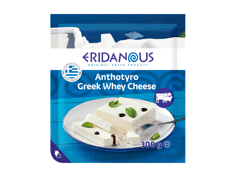 Packaged Greek Anthotyro whey cheese, with a Greek landscape background.