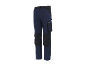 Blue work trousers with black details and side pockets.