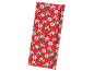 Red Christmas wrapping paper with cartoon characters and 'HO HO HO' text.