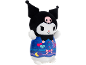 Plush toy with black ears and a white face, wearing a blue denim-style outfit with colorful patches.