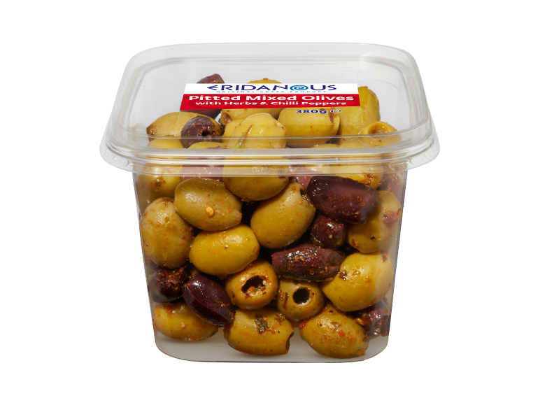 Pitted mixed olives with herbs and chilli peppers in a plastic container, 380g.