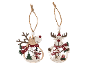 Two wooden Christmas decorations shaped like reindeer with snowmen.