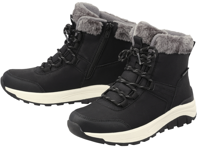 Black winter boots with faux fur lining and white sole