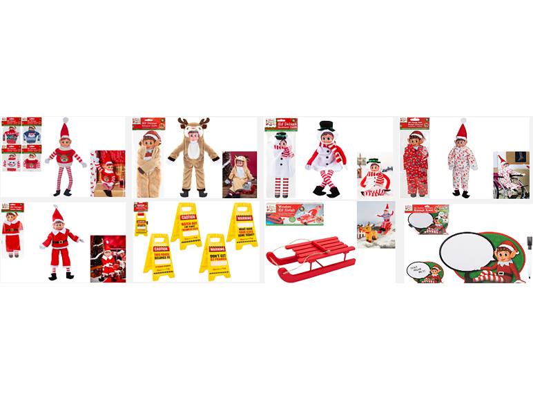 Christmas elves and festive accessories in various costumes and sets.