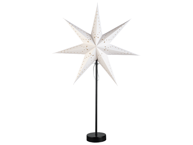 Decorative white Christmas star with a black stand.