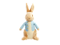 A light brown rabbit plush toy wearing a light blue jacket with yellow buttons.