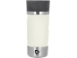 Cream and grey travel mug with a metallic band and a triangular button.