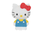 Plush white cat toy with a red bow and blue overalls.
