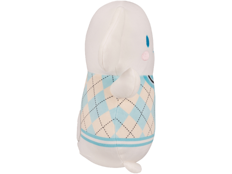 White plush toy wearing a blue and beige argyle vest, with embroidered face details.