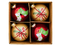 Four red and gold Christmas baubles with stocking and candy cane decorations in a box.