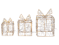 Three illuminated Christmas gift boxes of different sizes on a black background.