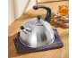 Stainless steel whistling kettle on a wooden surface with a cup of tea and biscuits.