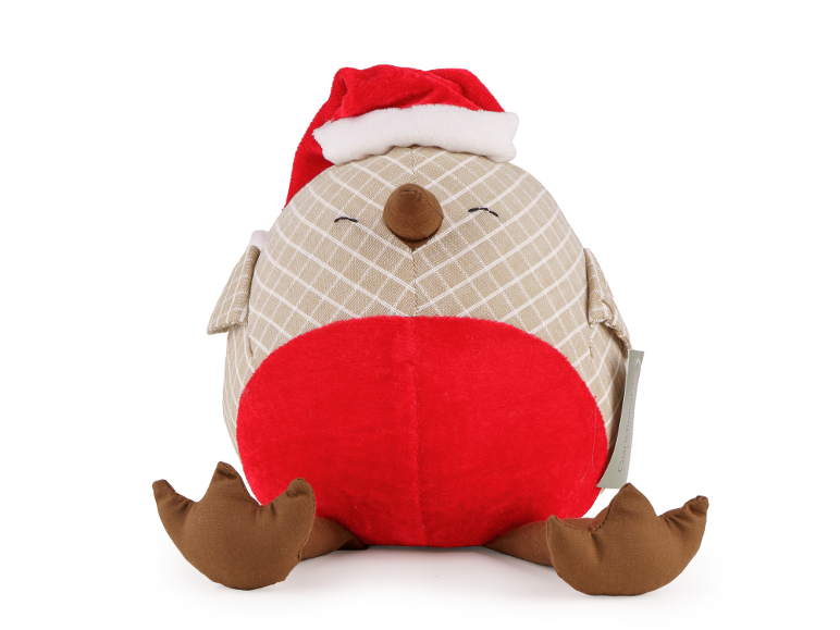 Plush robin toy wearing a Santa hat