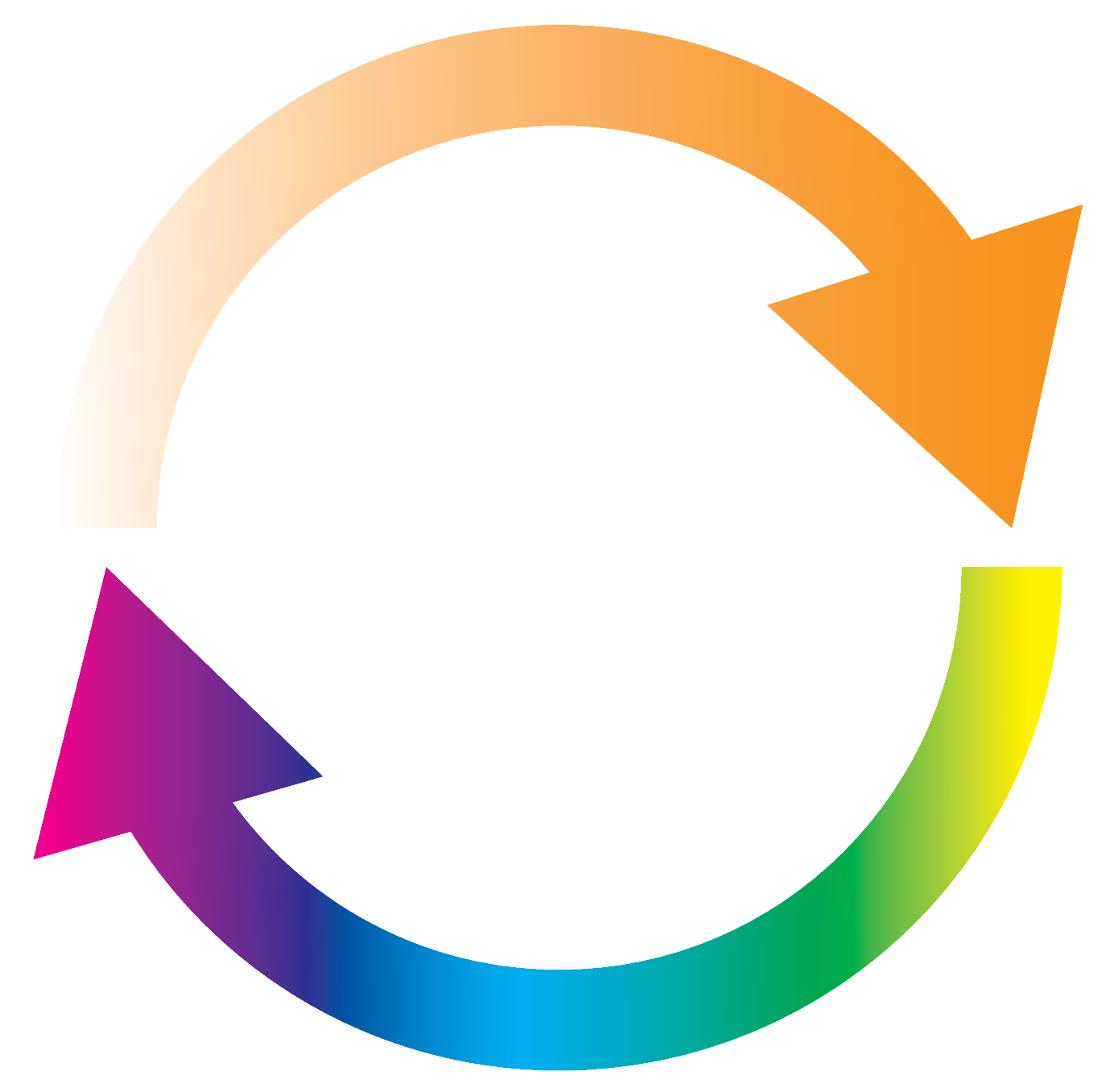 Two colorful arrows form a circle, symbolizing a cycle or repetition.