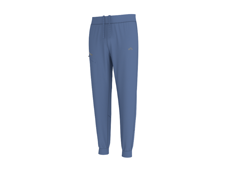 Blue joggers with elasticated cuffs and a drawstring waist.