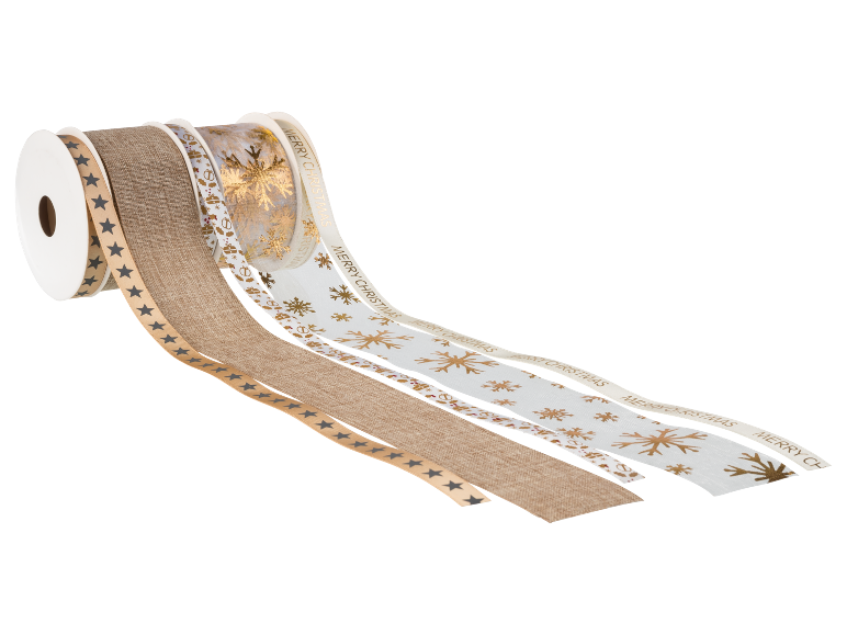 Set of Christmas ribbons: white with gold snowflakes and 'MERRY CHRISTMAS', textured beige, and beige with stars.