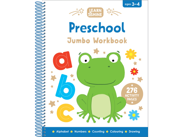 Children's preschool workbook featuring a frog illustration and letters.