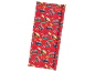 Red wrapping paper with cartoon monster trucks and numbers 2.0, 51, 95.