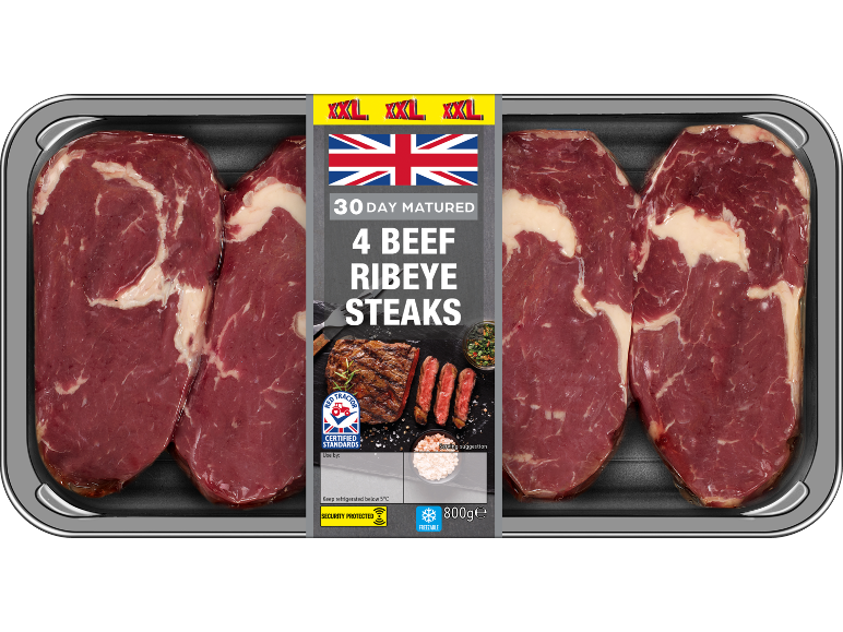 Pack of 4 matured beef ribeye steaks (800g).
