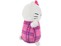 White cat plush toy with a pink bow and a pink plaid dress.