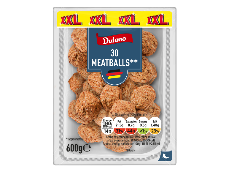 XXL pack of 30 meatballs, 600g, with nutritional information.