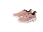 A pair of pink athletic shoes with brown accents and white soles.