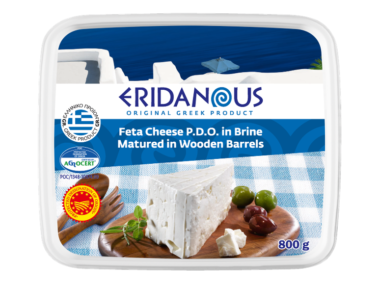 Greek feta cheese in brine, matured in wooden barrels, with olives and herbs.