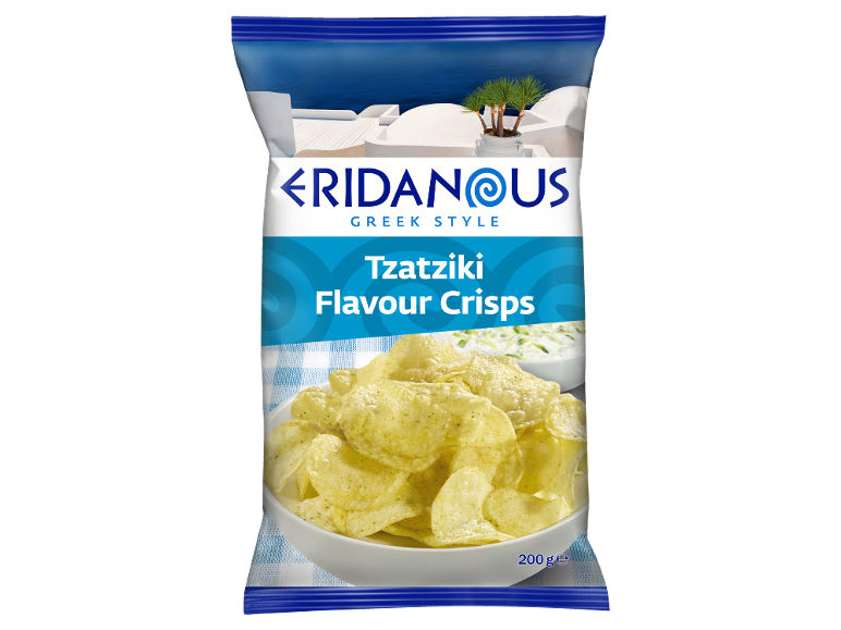 Tzatziki flavour crisps in a Greek style packaging, 200g.