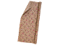 Christmas wrapping paper with reindeer, Santa hats, scarves, and stars on a brown background.