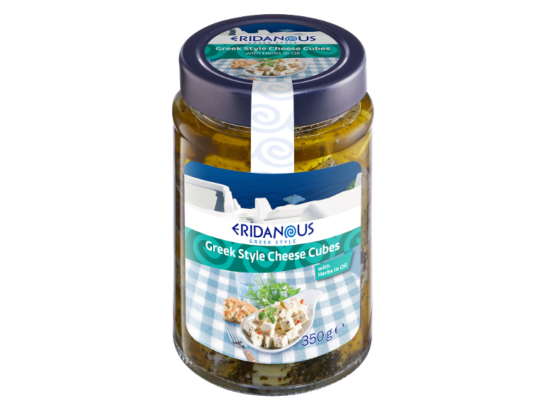 Jar of Greek style cheese cubes with herbs in oil, 350g.